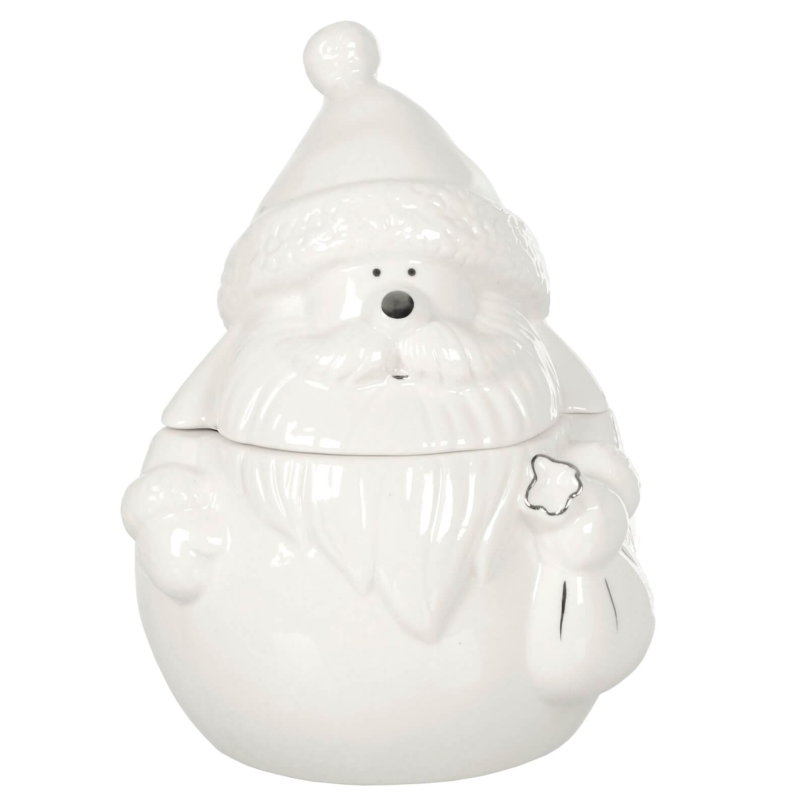 White ceramic Santa Christmas storage jar with silver detail on gift sack and face details